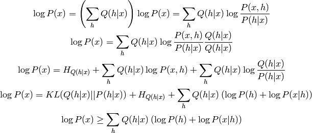 \log P(x) = \left(\sum_{h} Q(h|x)\right) \log P(x) = \sum_{h} Q(h|x) \log \frac{P(x,h)}{P(h|x)}

\log P(x) = \sum_{h} Q(h|x) \log \frac{P(x,h)}{P(h|x)} \frac{Q(h|x)}{Q(h|x)}

\log P(x) = H_{Q(h|x)} + \sum_{h} Q(h|x) \log P(x, h) + \sum_{h} Q(h|x) \log \frac{Q(h|x)}{P(h|x)}

\log P(x) = KL(Q(h|x)||P(h|x)) + H_{Q(h|x)} + \sum_{h} Q(h|x) \left(\log P(h) + \log P(x|h) \right)

\log P(x) \geq \sum_{h} Q(h|x) \left(\log P(h) + \log P(x|h) \right)