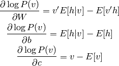 \frac{\partial \log P(v)}{\partial W} = v' E[h | v] - E[v' h]

\frac{\partial \log P(v)}{\partial b} = E[h | v] - E[h]

\frac{\partial \log P(v)}{\partial c} = v - E[v]