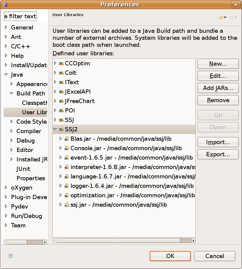 The SSJ2 library in the list of user libraries is expanded, and contains some JARs.