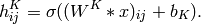 h^K_{ij} = \sigma ( (W^K * x)_{ij} + b_K ).