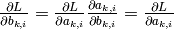 \frac{\partial L}{\partial b_{k,i}} = \frac{\partial L}{\partial a_{k,i}} \frac{\partial a_{k,i}}{\partial b_{k,i}}=\frac{\partial L}{\partial a_{k,i}}