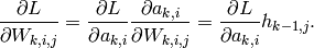 \frac{\partial L}{\partial W_{k,i,j}}
= \frac{\partial L}{\partial a_{k,i}}
  \frac{\partial a_{k,i}}{\partial W_{k,i,j}}
= \frac{\partial L}{\partial a_{k,i}} h_{k-1,j}.