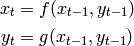 x_t = f(x_{t-1}, y_{t-1})

y_t = g(x_{t-1}, y_{t-1})