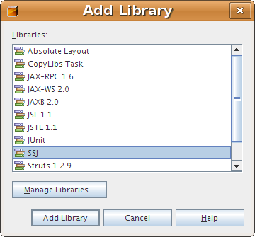 A dialog box giving the opportunity to add a library to a project. The SSJ library is selected to be added.