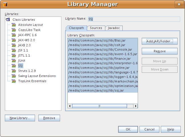 The SSJ library is selected in the Library Manager, and the right list of the dialog box shows the newly-added JARs in the library.