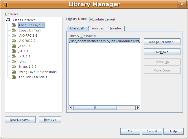 The Library Manager of NetBeans. This dialog box has two lists, one at the left showing libraries, and one at the right showing the archives for the currently selected library.