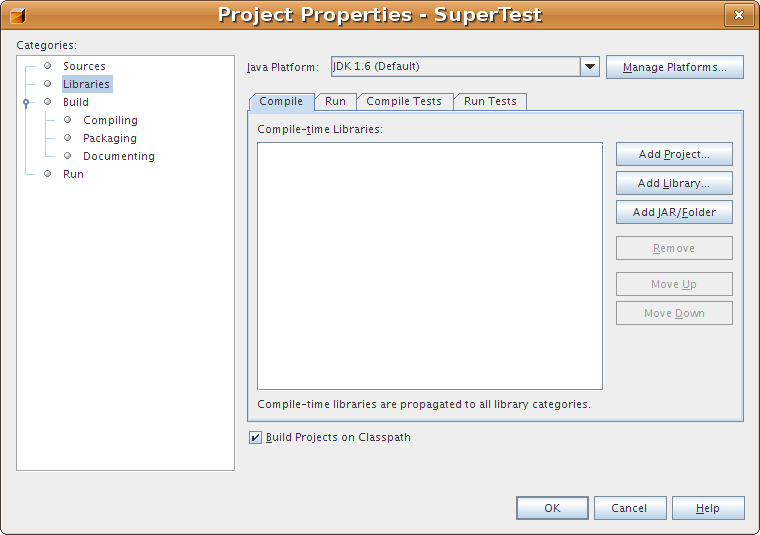 The Libraries in a new project. This dialog box shows an empty list, since there is no library yet.