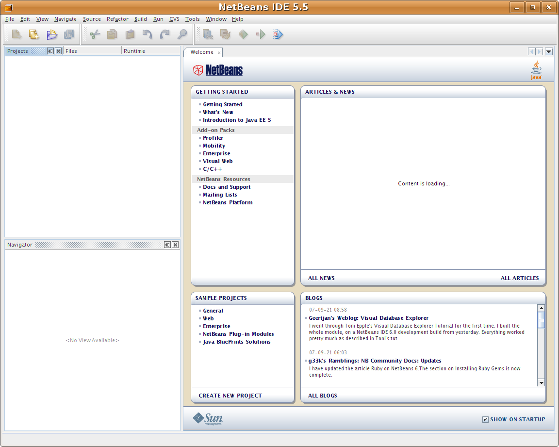 Welcome screen of NetBeans.